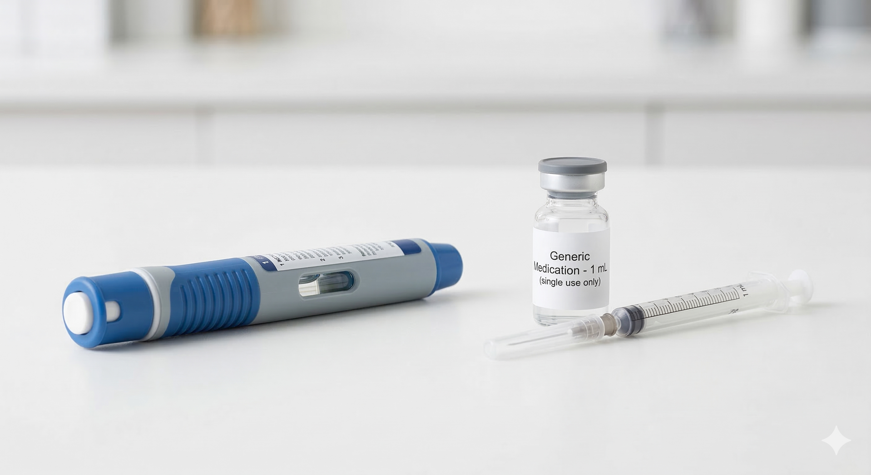 Caneta, frasco e seringa de medicamento