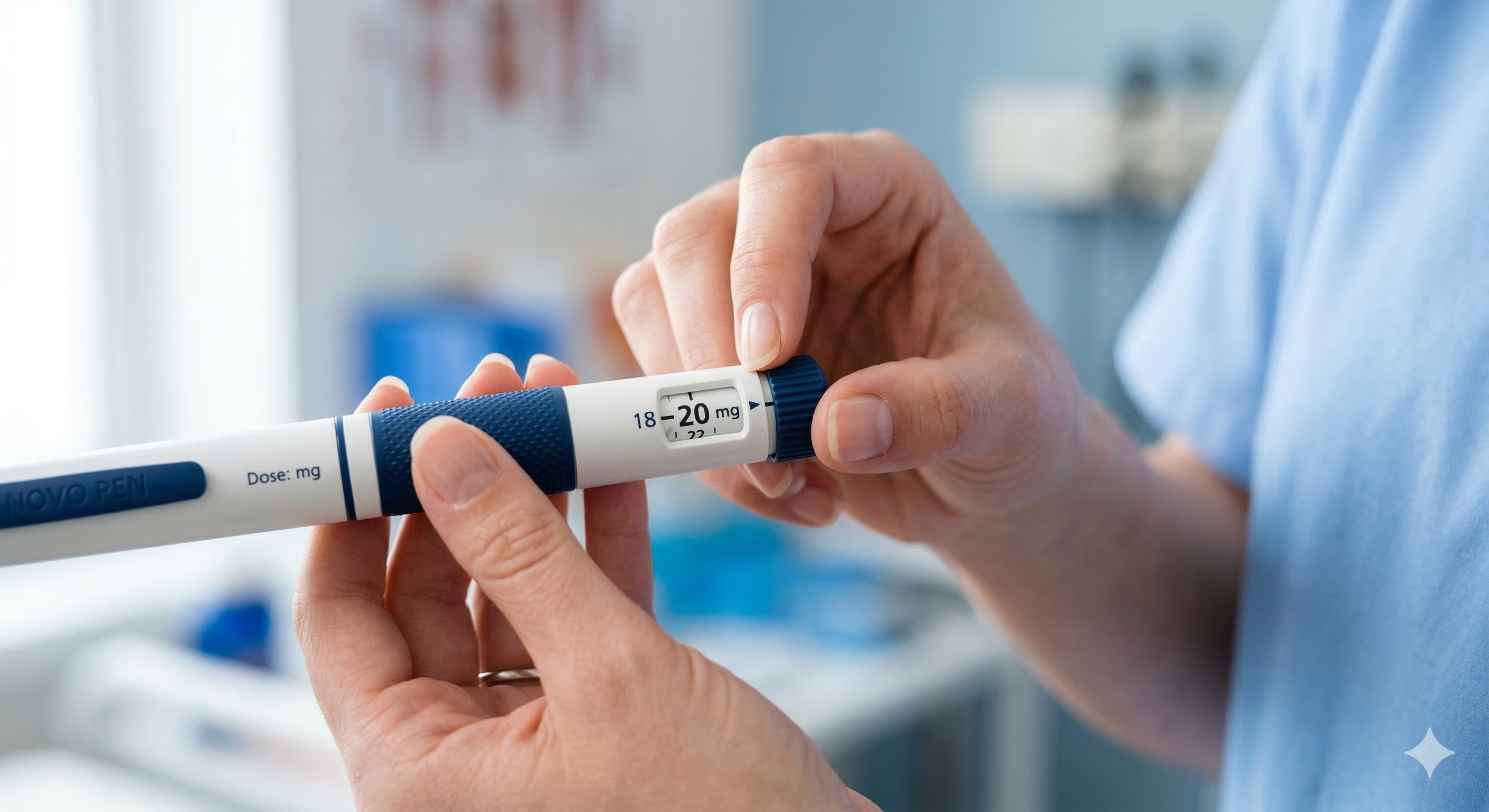 Mãos ajustando dosagem na caneta