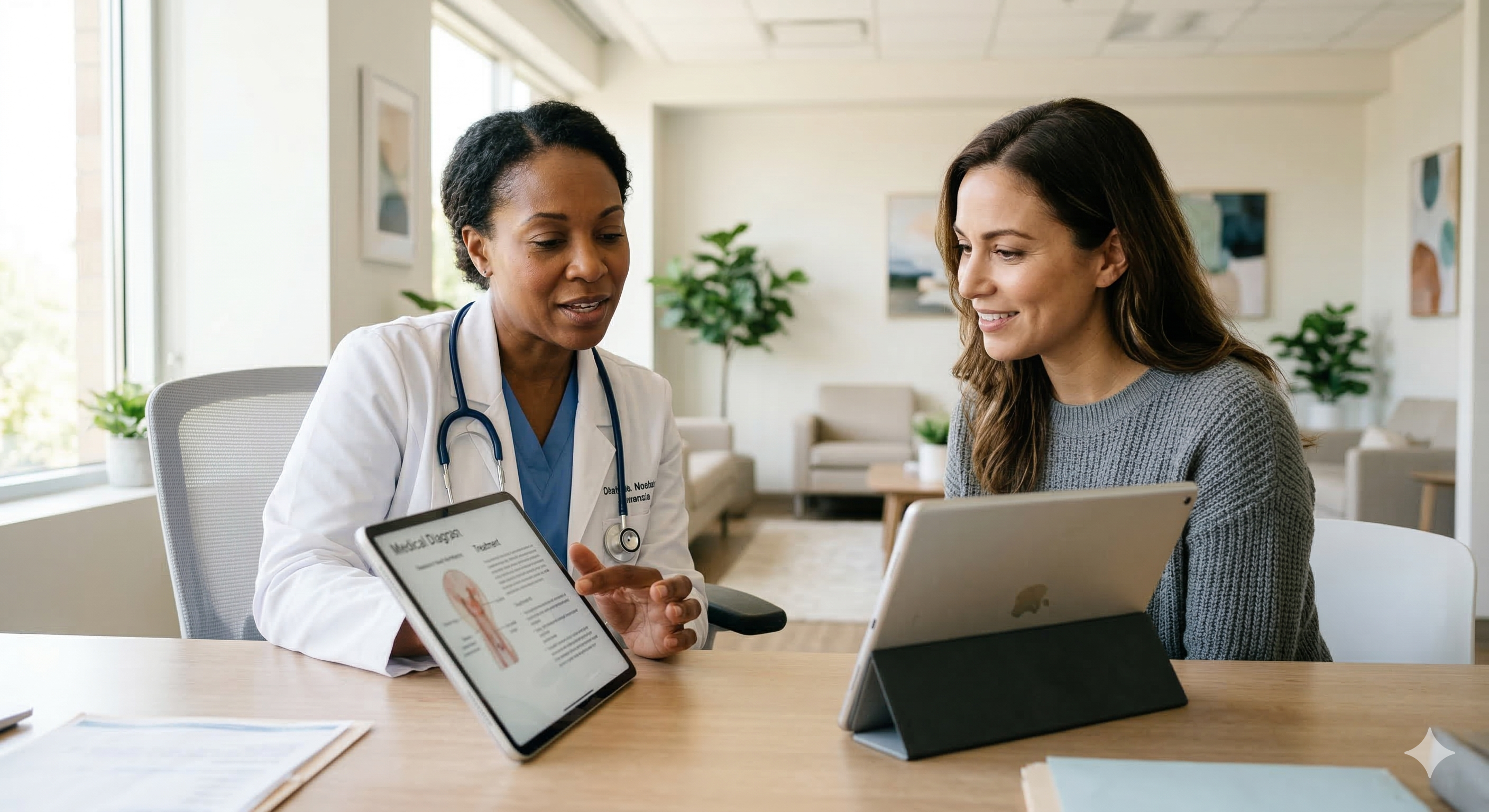 Médica mostrando informações em tablet